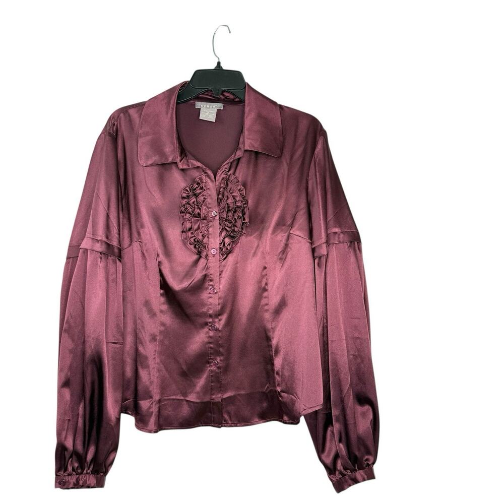 Kenar Deep Dusty Rose Long Poet Sleeve Ruffled Front Satin Button Up Blouse 14
